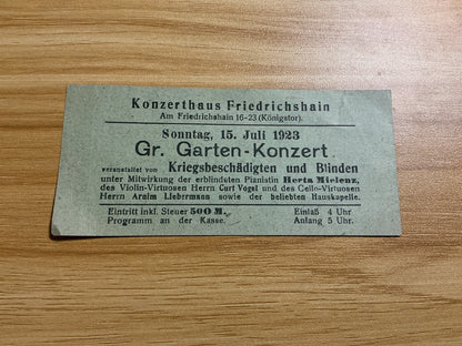 1923 Berlin Germany Konzerthaus-Friedrichshain Garden Concert Ticket-Weimar Hyperinflation Era