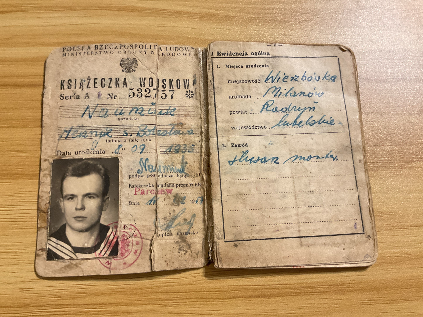 Original 1950’s Polish People’s Army Military Service Book w/ Sailor’s Photo and Extensive Entries & Stamps