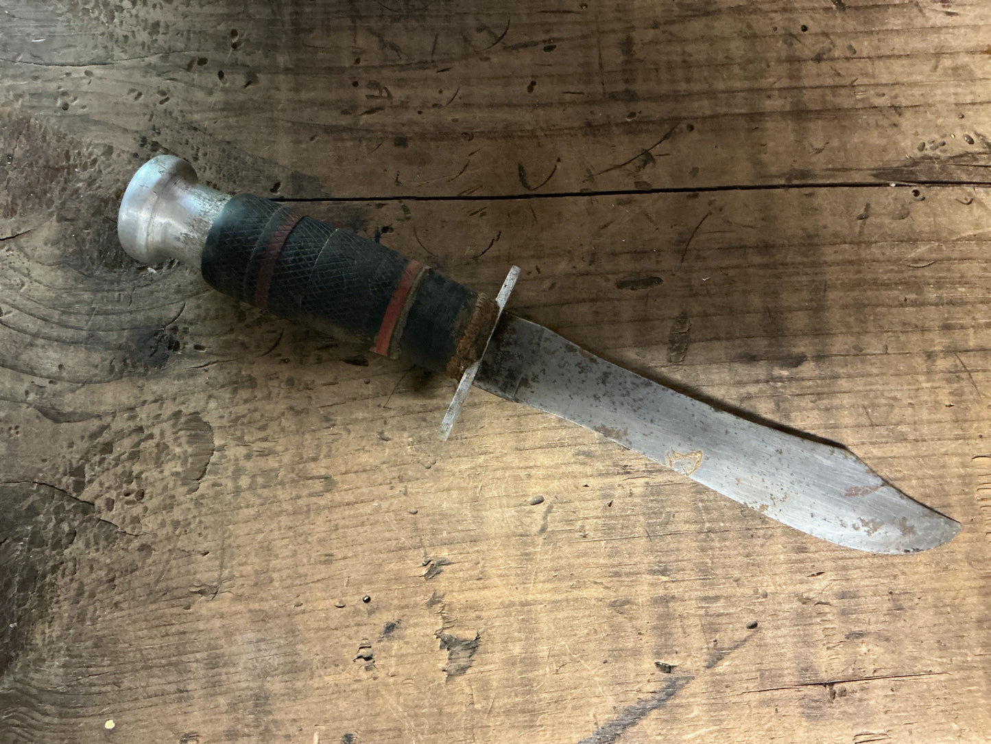 Vintage A.H. Hoffritz Elizabeth, N.J. Hunting/Skinning Knife w/Gut-Hook & Stacked Leather Handle