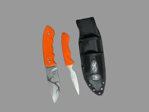 Browning RMEF Hunting Knife Set Skinner & Caping Knife Orange Handles w/ Sheath