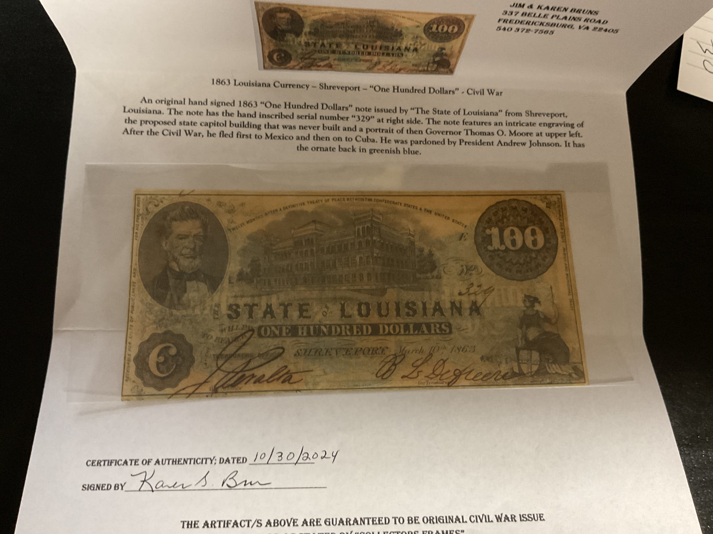 Confederate State of Louisiana One Hundred Dollar Bill Civil War
