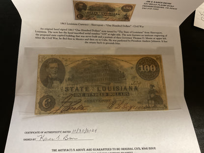 Confederate State of Louisiana One Hundred Dollar Bill Civil War