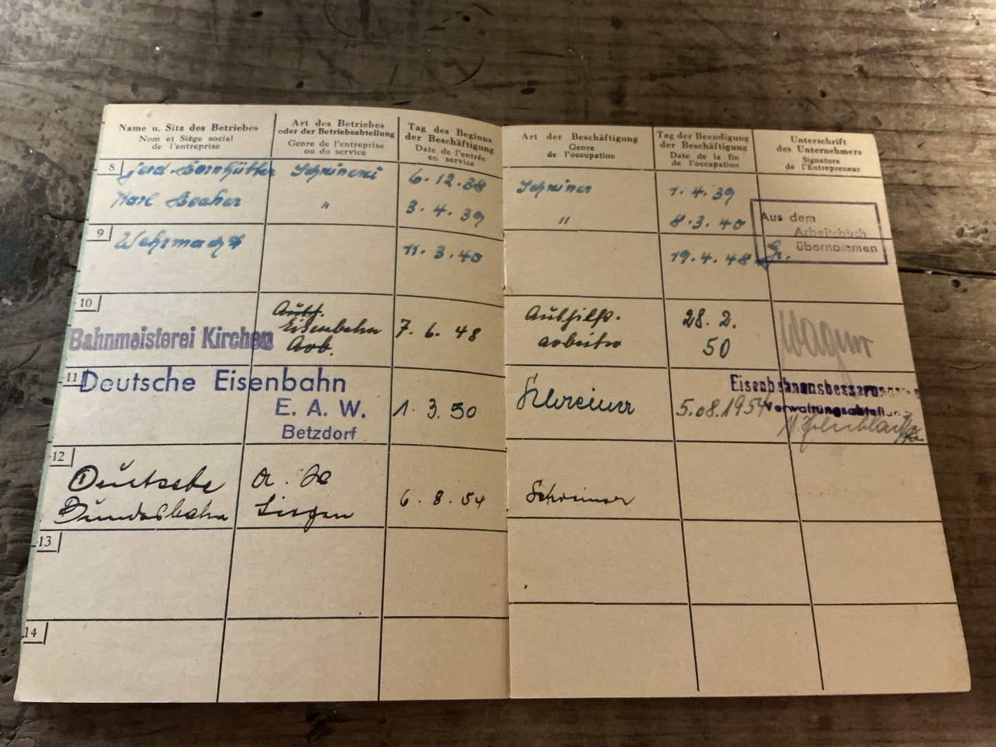 1948-1954 West German Berufsbuch (Employment Record Book)- Named: Betzdorf Labor Office-Complete