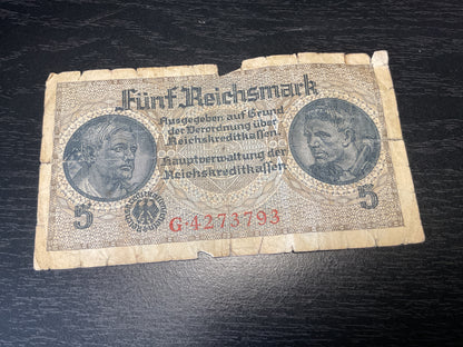 German 5 Reichsmark Banknote 3rd Reich 1924-1948