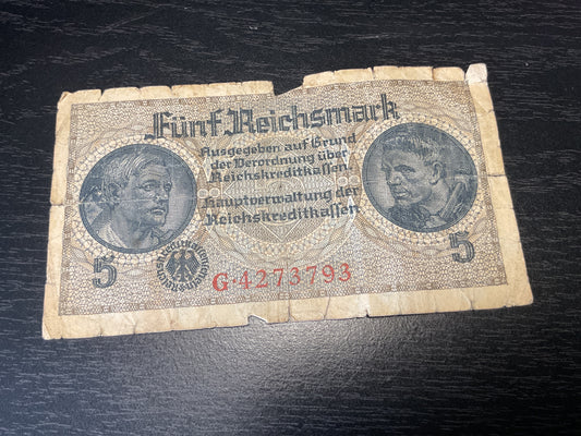 German 5 Reichsmark Banknote 3rd Reich 1924-1948