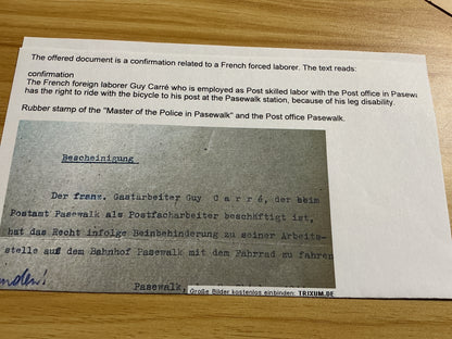 WWII German Pasewalk Post Office Document-French Foreign Laborer Guy Carre’-Bicycle Permit