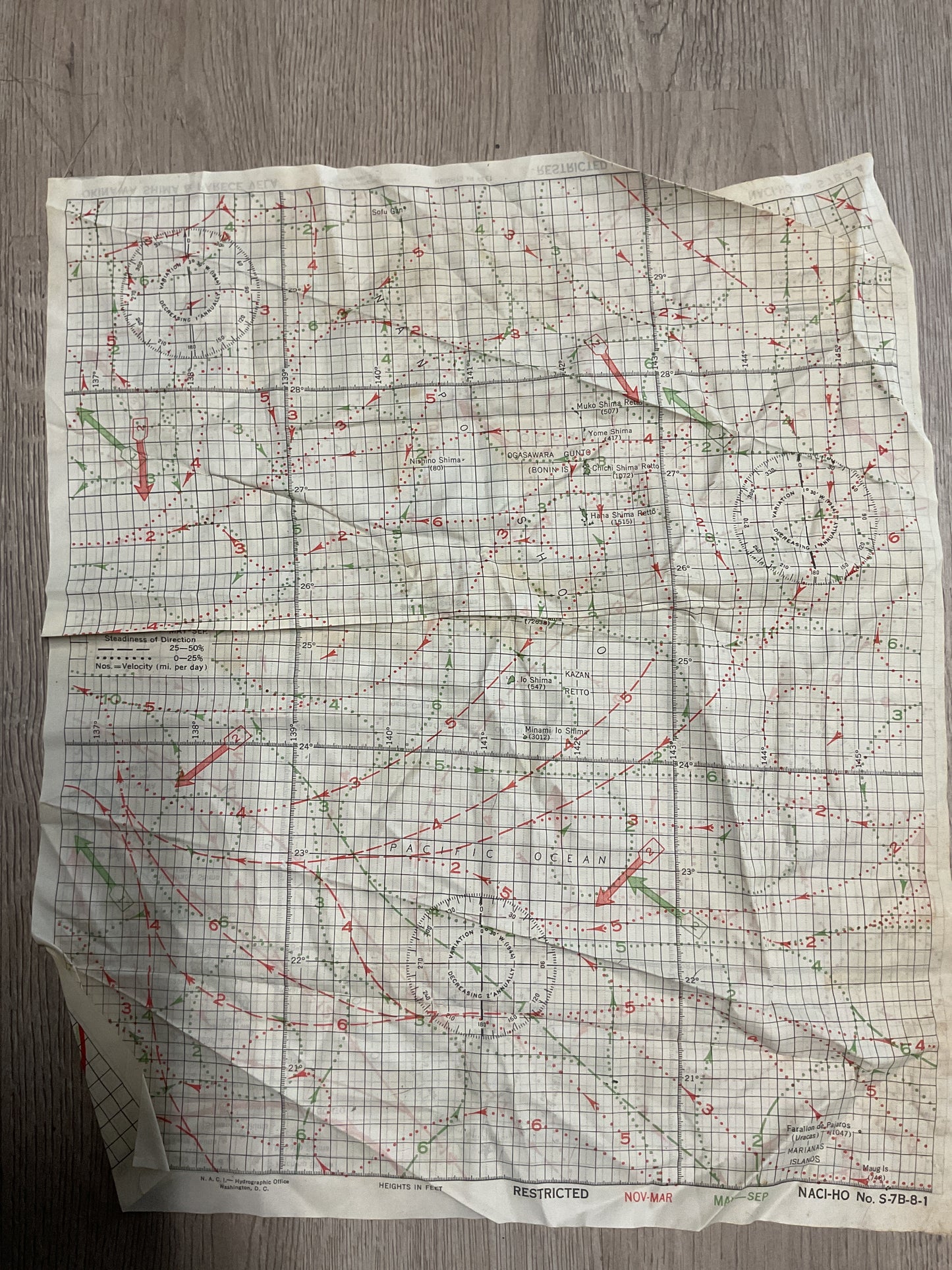 WWII U.S. Navy Pacific Ocean Cloth Navigation Chart-Ocean Currents Map-Original