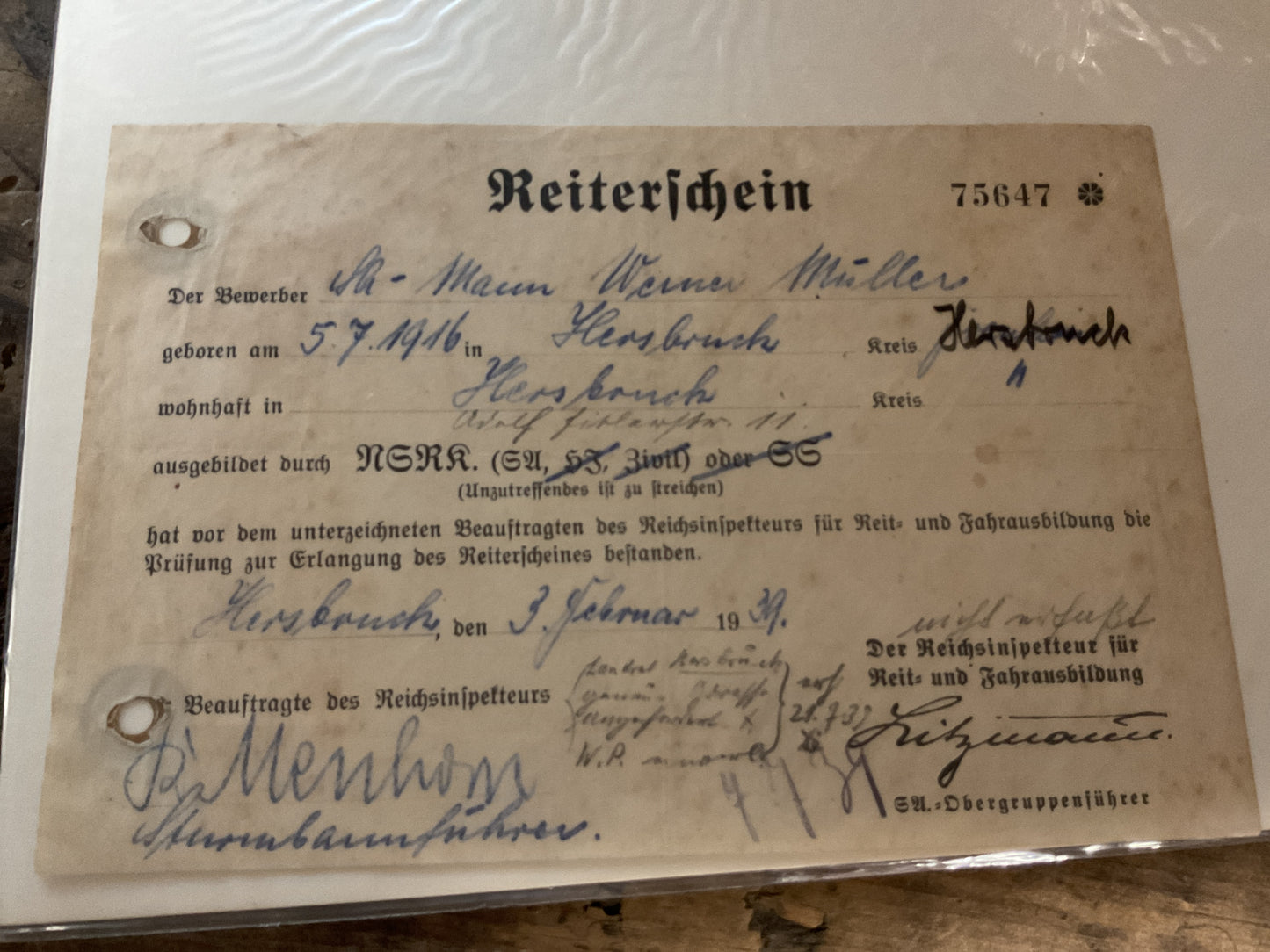 Original 1939 German Reuterschein-SA Riding Certificate-Third Reich Era-Pre WWII