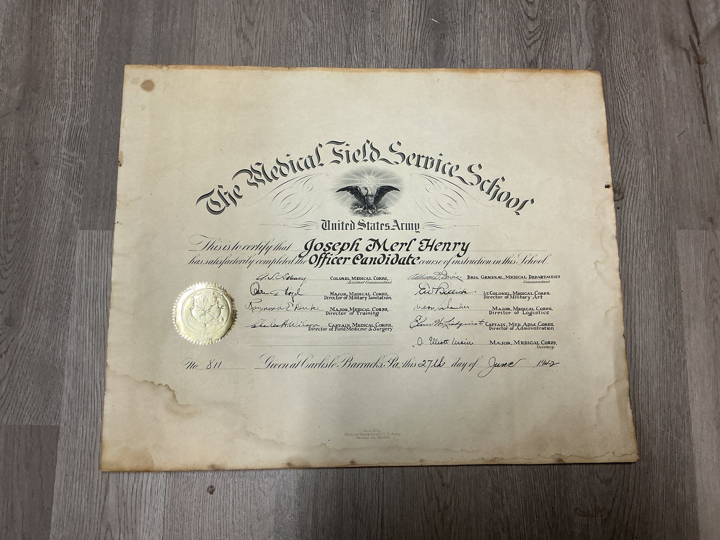 WWII U.S. Army Medical Field Service School Officer Candidate Course Certificate-June 1942-Named Joseph Merl Henry at Carlisle, Pa