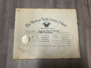 WWII U.S. Army Medical Field Service School Officer Candidate Course Certificate-June 1942-Named Joseph Merl Henry at Carlisle, Pa