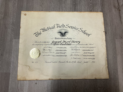 WWII U.S. Army Medical Field Service School Officer Candidate Course Certificate-June 1942-Named Joseph Merl Henry at Carlisle, Pa