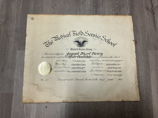 WWII U.S. Army Medical Field Service School Officer Candidate Course Certificate-June 1942-Named Joseph Merl Henry at Carlisle, Pa
