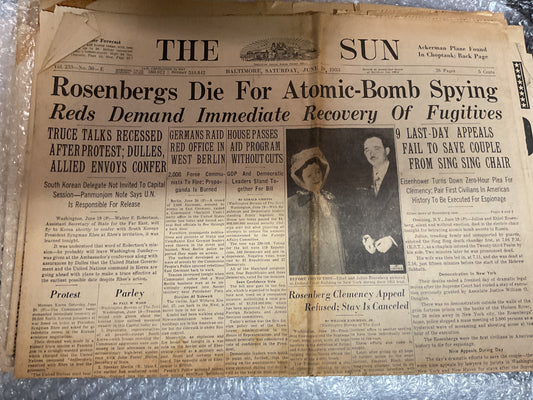 The Baltimore Sun June 20, 1953 “”Rosenbergers Die”