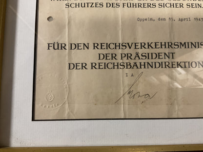 WWII German Reich Ministry of Transport Appointment Certificate-1943 w/ Frame