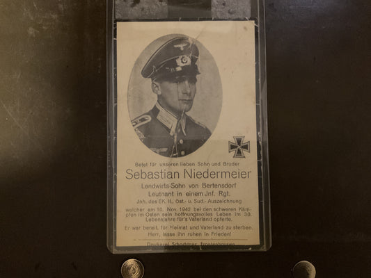 WWII German Death Card Army Officer