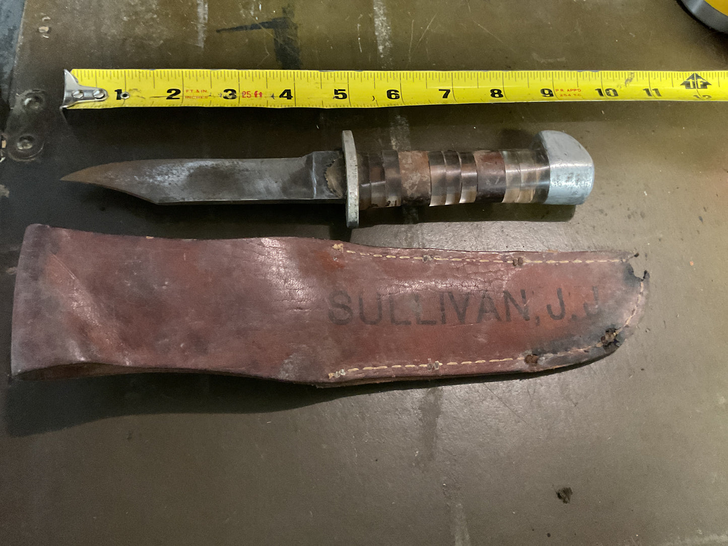 WWII Theatre Knife brown & clear handle sheath named Sullivan