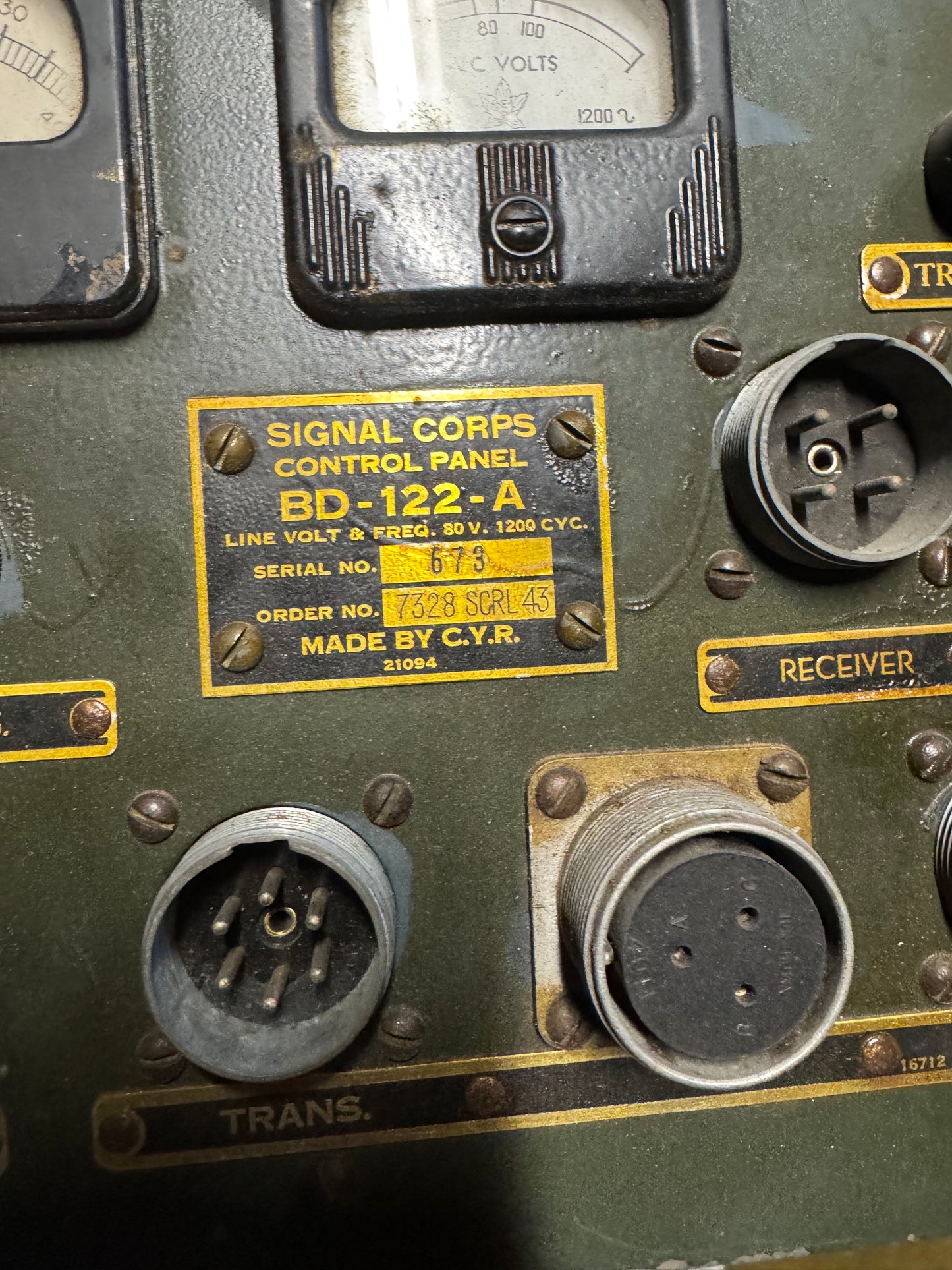 WWII U.S. Signal Corps SCR-602-A / BD-122-A Control Panel — 1943 Order