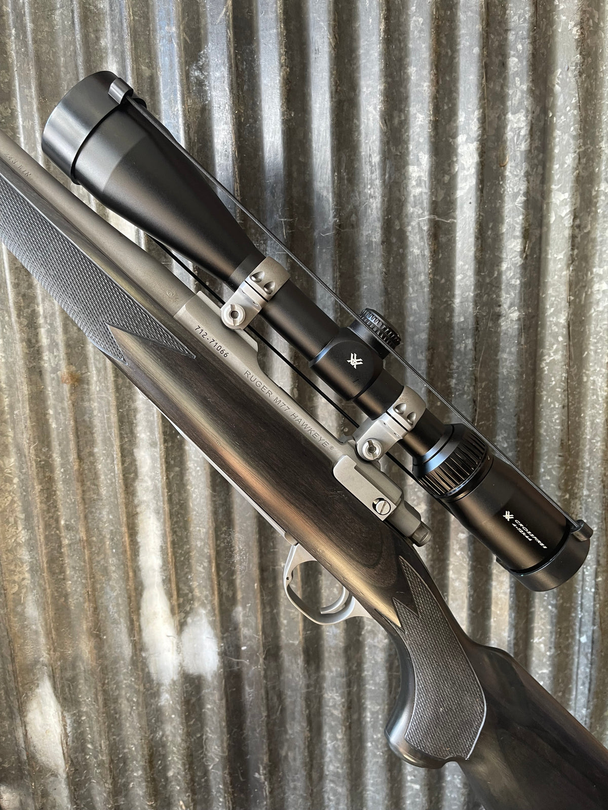 Ruger M77 Compact .243 Win – Stainless / Black Laminate – Vortex Crossfire II 4-12x Scope