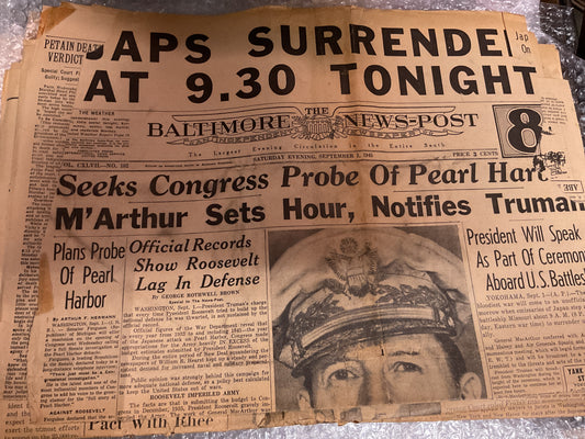 The Baltimore News Post Sept 1, 1945 “Japs Surrender”