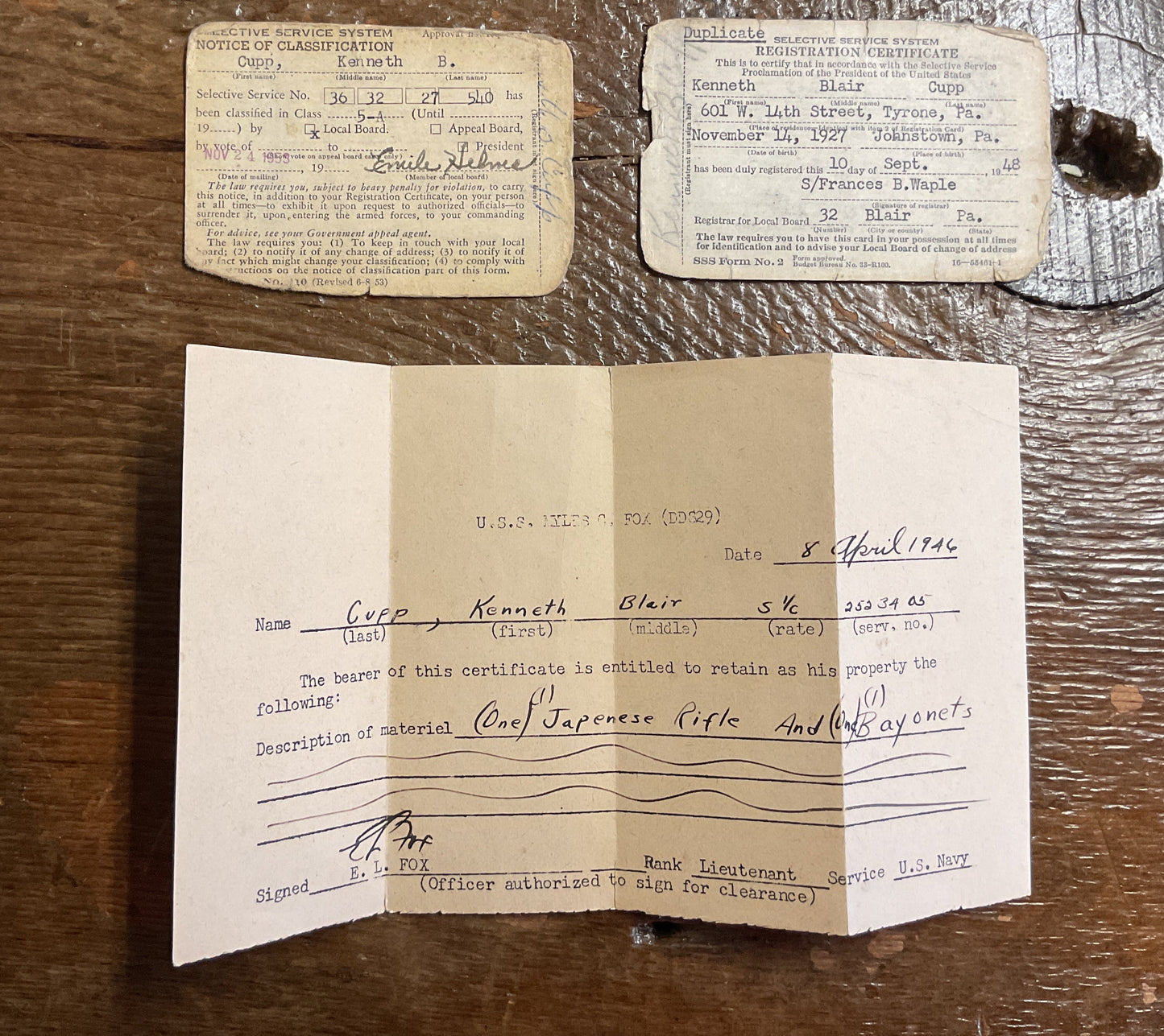 Documented WWII Japanese Rifle and Pacific Grouping brought home from Japan by local veteran Kenneth Blair Cupp