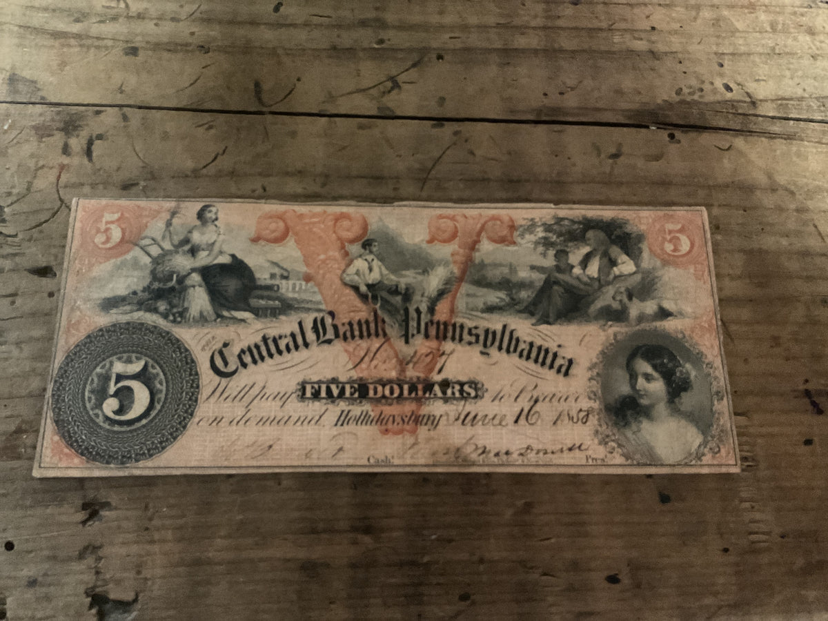 1858 Central Bank of Pennsylvania $5.00 Obsolete Bank Note-Hollidaysburg
