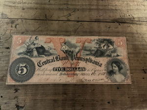 1858 Central Bank of Pennsylvania $5.00 Obsolete Bank Note-Hollidaysburg