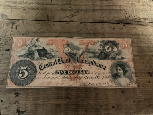 1858 Central Bank of Pennsylvania $5.00 Obsolete Bank Note-Hollidaysburg