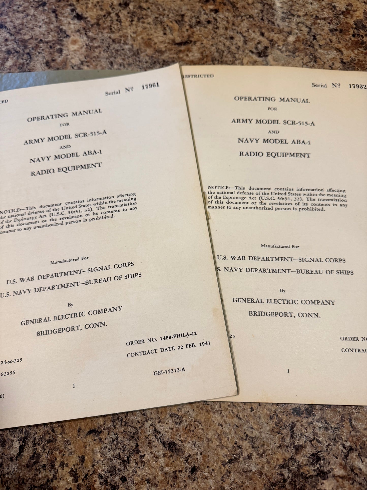 WWII U.S. Army/Navy SCR-515-A & ABA-1 Radio Equipment Manuals – 1941 “RESTRICTED” Signal Corps – General Electric – Early War Communications Set (2 Manual Lot)