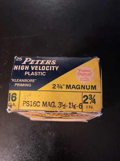 Vintage Peters High Velocity 16 Gauge 2 3/4” Magnum Shotgun Shells — Full Box of 25