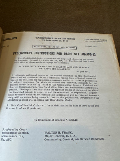 WWII AAF AN/APQ-13 Radar Binder
Original 1944 technical order