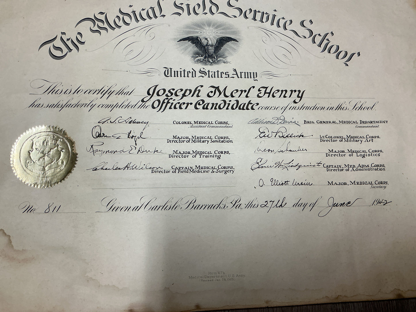 WWII U.S. Army Medical Field Service School Officer Candidate Course Certificate-June 1942-Named Joseph Merl Henry at Carlisle, Pa