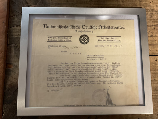 Original 1932 NSDAP Reichsleitung Employment Rejection Letter