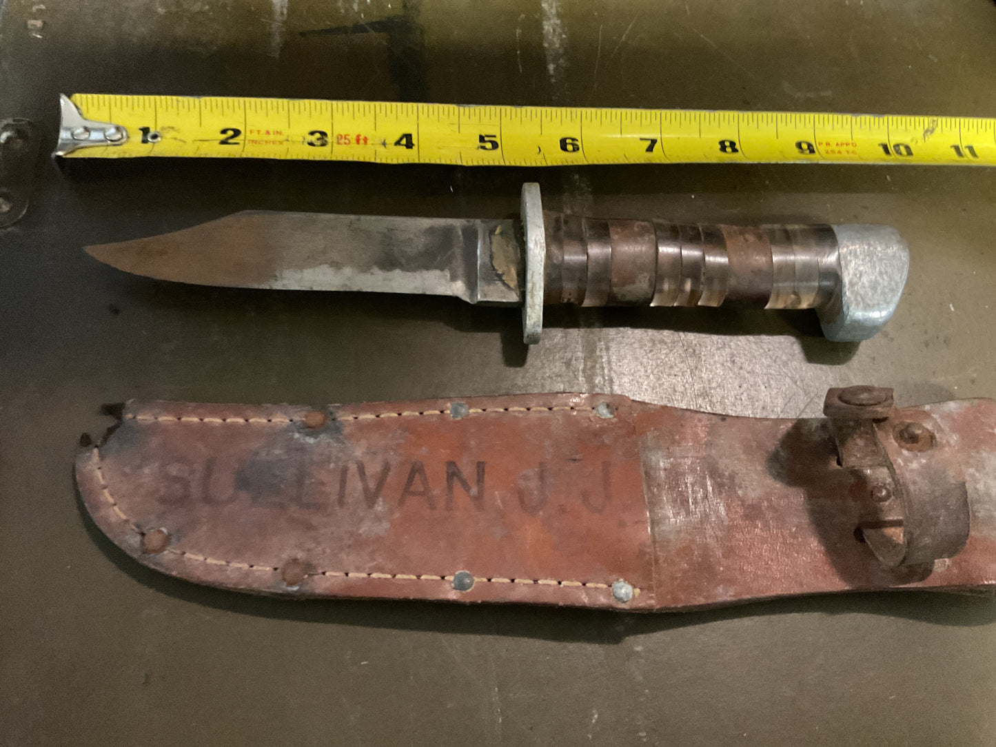 WWII Theatre Knife brown & clear handle sheath named Sullivan