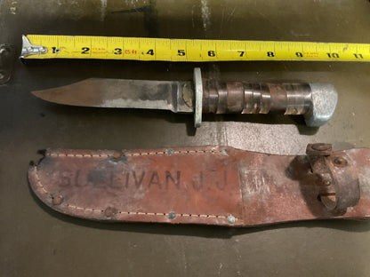 WWII Theatre Knife brown & clear handle sheath named Sullivan