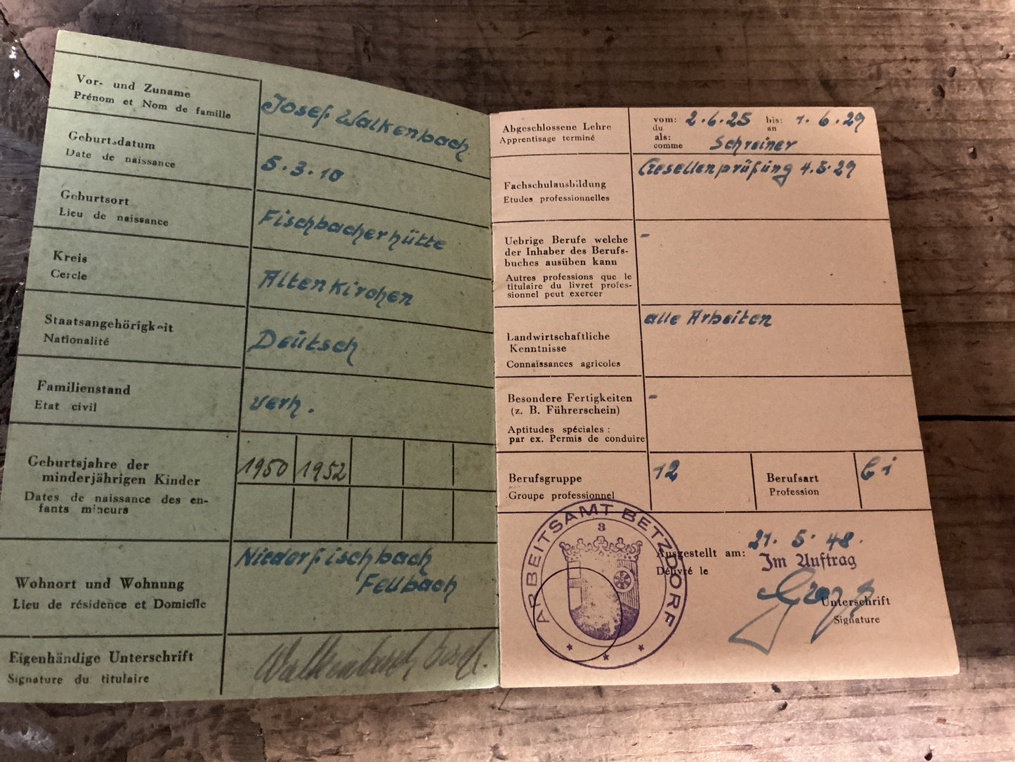 1948-1954 West German Berufsbuch (Employment Record Book)- Named: Betzdorf Labor Office-Complete