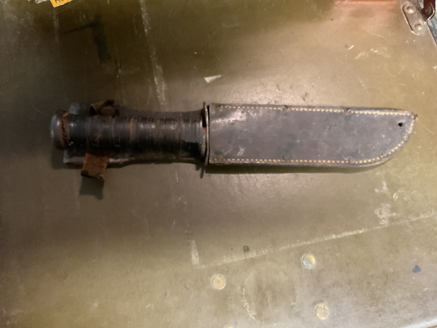 WWII Theatre Knife Black Handle Sheath Initialed