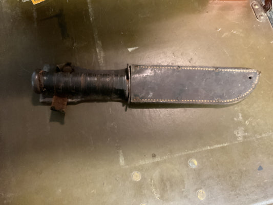 WWII Theatre Knife Black Handle Sheath Initialed