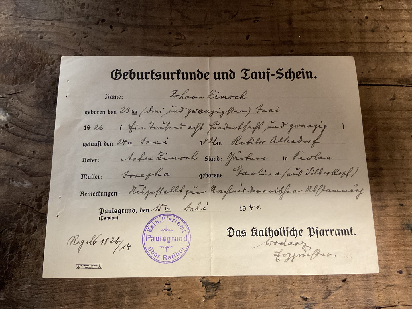 WWII German 1941 Catholic Birth & Baptism Certificate-Paulsgrund/Ralibor, Upper Silesia