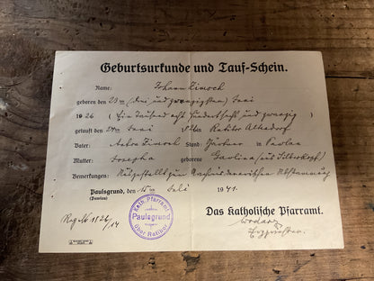 WWII German 1941 Catholic Birth & Baptism Certificate-Paulsgrund/Ralibor, Upper Silesia