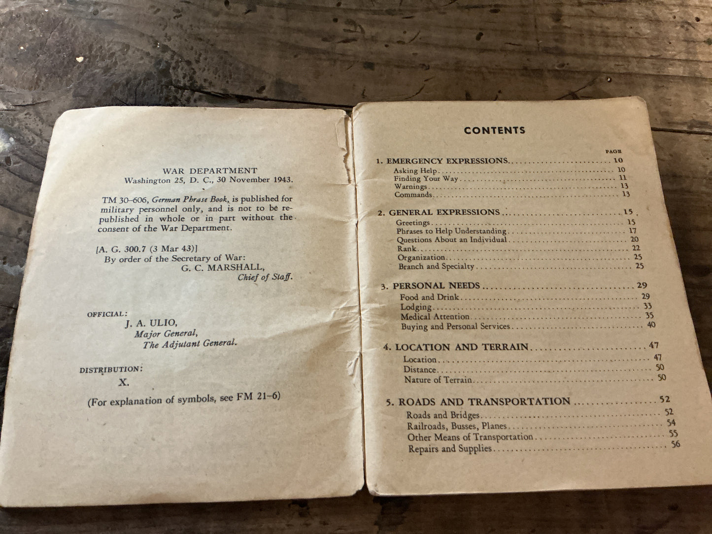 Original WWII U.S. Army German Phrases Book TM 30-606- Nov. 30, 1943 War Dept. Manual