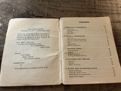 Original WWII U.S. Army German Phrases Book TM 30-606- Nov. 30, 1943 War Dept. Manual