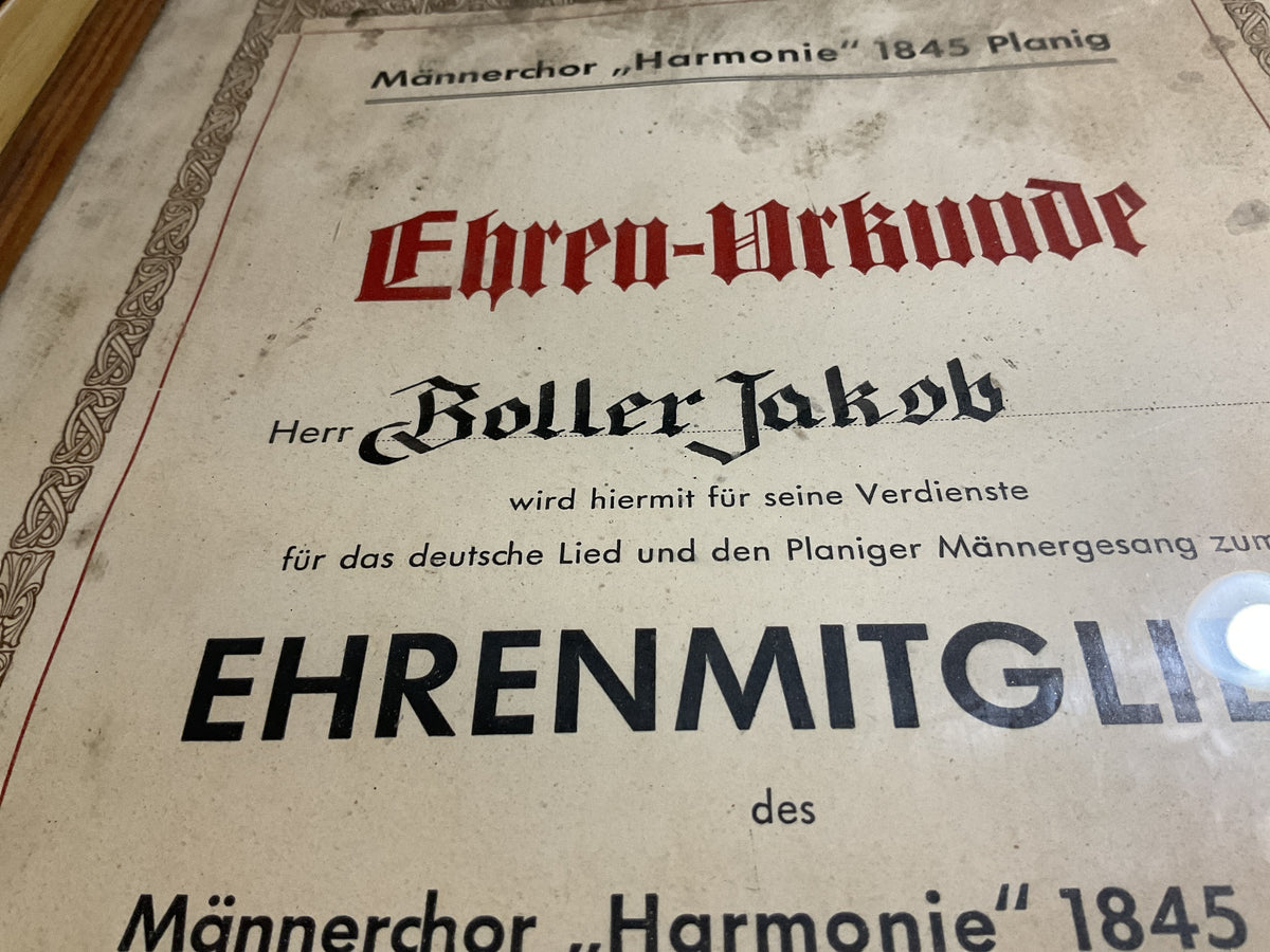 German 1845 Planig Honorary Membership Certificate-105th Anniversary-Framed