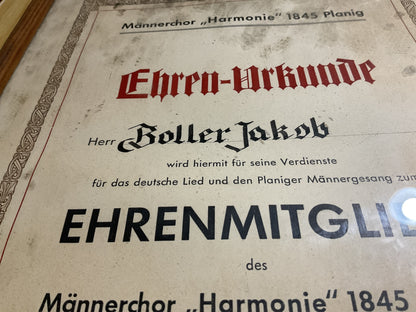 German 1845 Planig Honorary Membership Certificate-105th Anniversary-Framed