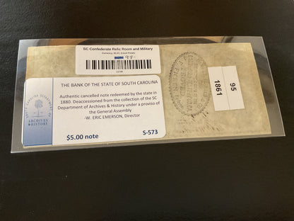 Confederate Bank of South Carolina Five Dollar Note civil war