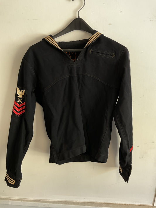 WWII U.S. Navy Dress Blue Jumper - Petty Officer Second Class Gunner’s Mate with Custom Embroidery - Size Medium (Estimated)