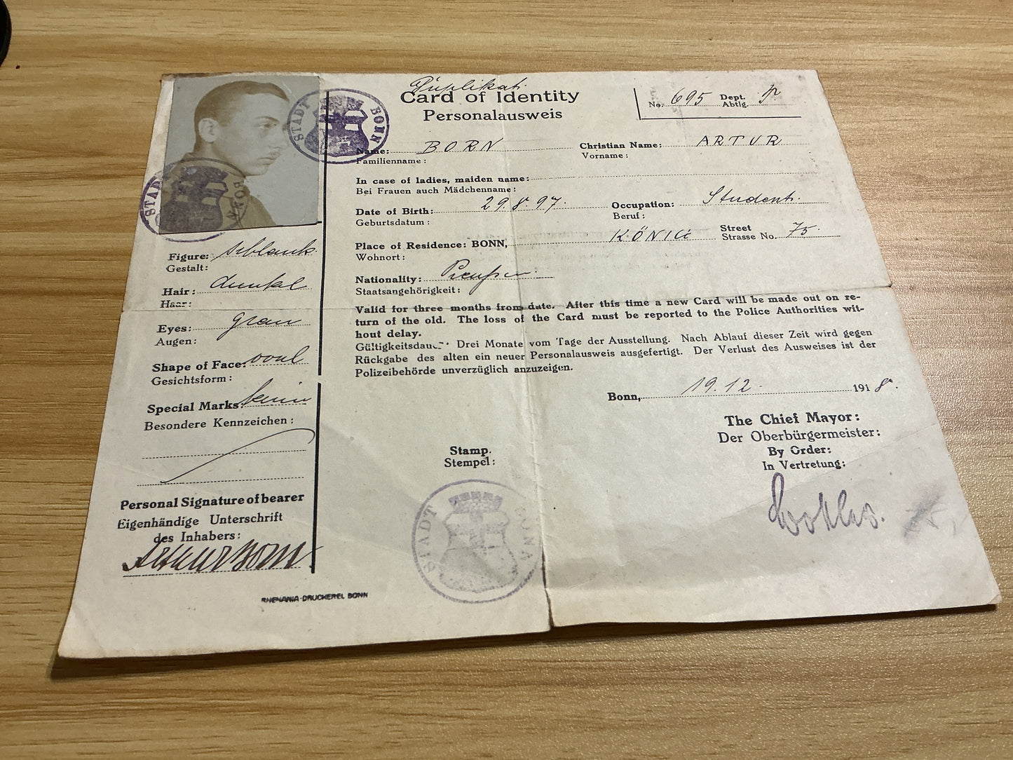 Original 1918-1919 Allied Occupation of Germany Bonn Identity Card Photo ID-Post-WWI