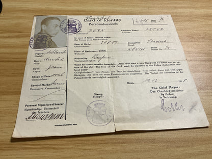Original 1918-1919 Allied Occupation of Germany Bonn Identity Card Photo ID-Post-WWI