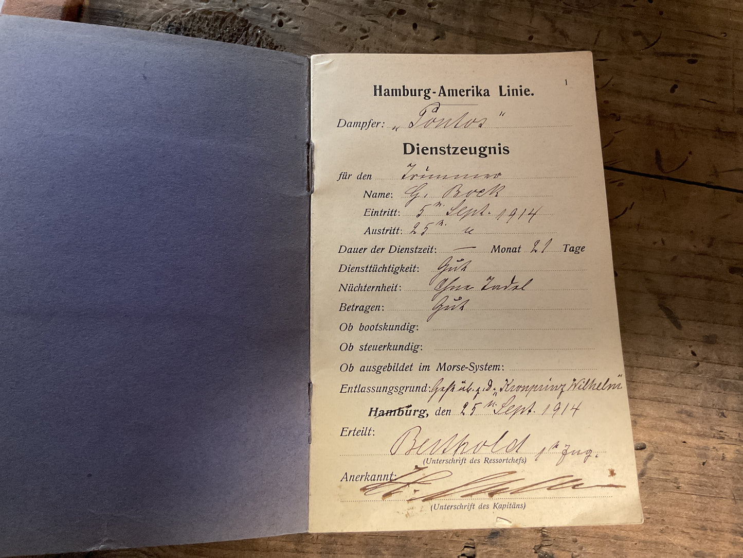 Hamburg-America Line Sailor’s Service Record Book-Sept 1914 S.S. Pontos