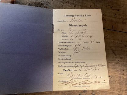 Hamburg-America Line Sailor’s Service Record Book-Sept 1914 S.S. Pontos