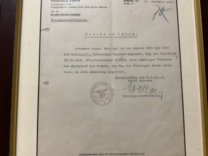NSDAP Membership Verification Certificate-Kreisleitung Gustrow-1934
